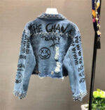 Fashion Diamond Beads Graffiti Printed Design Denim Crop Top Jacket Casual Women Cowboy Jeans Coats 13