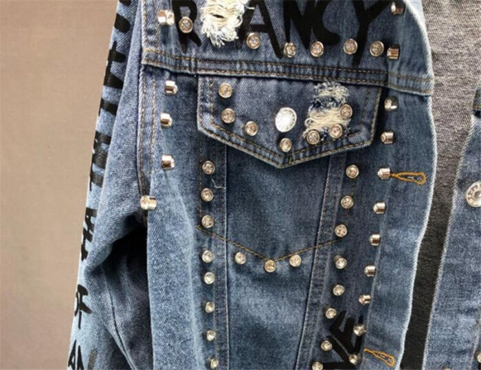 Fashion Diamond Beads Graffiti Printed Design Denim Crop Top Jacket Casual Women Cowboy Jeans Coats 5