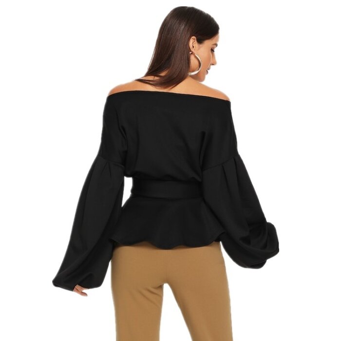 Women Black Long Puff Sleeve V Neck Shirt 10