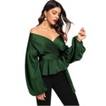 Women Green Long Puff Sleeve V Neck Shirt 3