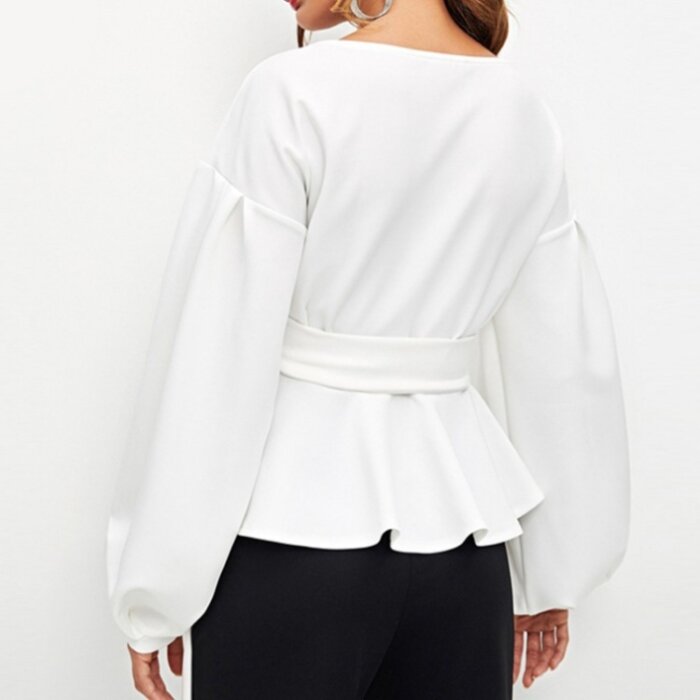 Women Long Puff Sleeve V Neck White Shirt 1