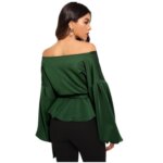 Women Green Long Puff Sleeve V Neck Shirt 5