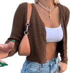 Retro Brown Cardigan Single-breasted Long-sleeved Shirt Women Casual Crop Top Jacket