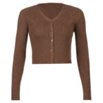 Retro Brown Cardigan Single-breasted Long-sleeved Shirt Women Casual Crop Top Jacket 15