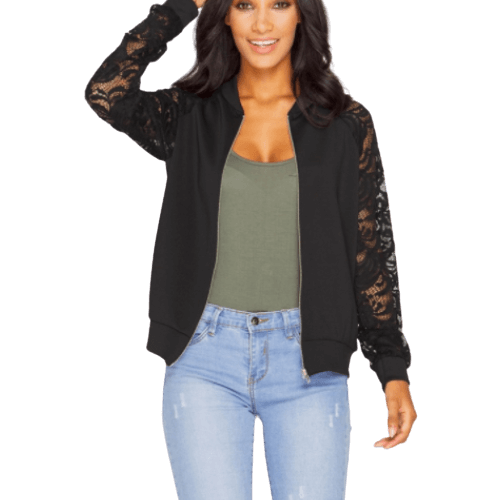 Women Bomber Crop Top Jacket With Lace