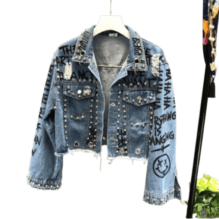 Fashion Diamond Beads Graffiti Printed Design Denim Crop Top Jacket Casual Women Cowboy Jeans Coats