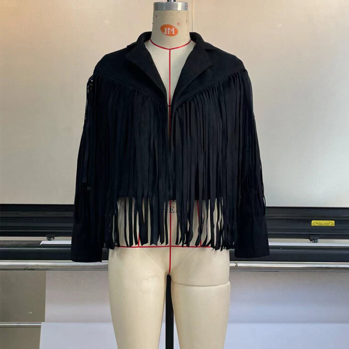 European And American Women's Crop Top Jacket Leather Coat Deerskin Velvet Elegant Lapel Tassel For Autumn And Winter 39