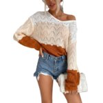 European And American Breathable Hollow-out Spliced Long Sleeve Round Neck Knitted Sweater Top 9