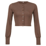 Retro Brown Cardigan Single-breasted Long-sleeved Shirt Women Casual Crop Top Jacket 23