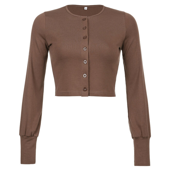Retro Brown Cardigan Single-breasted Long-sleeved Shirt Women Casual Crop Top Jacket 23